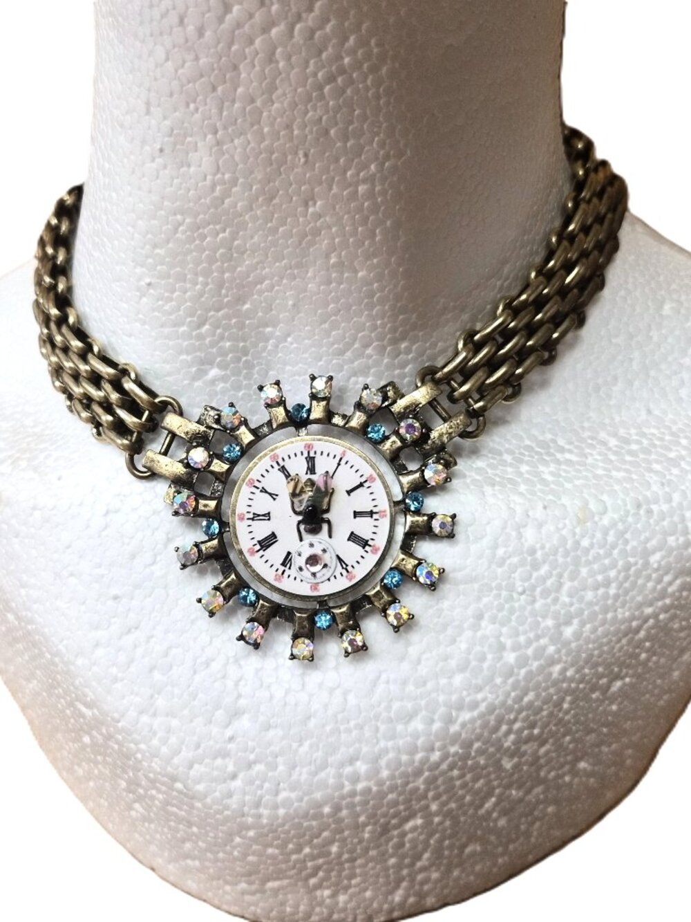 Time Flies Faux Watch Pendant Necklace Mesh Chain AB Crystals Fairycore Steampun